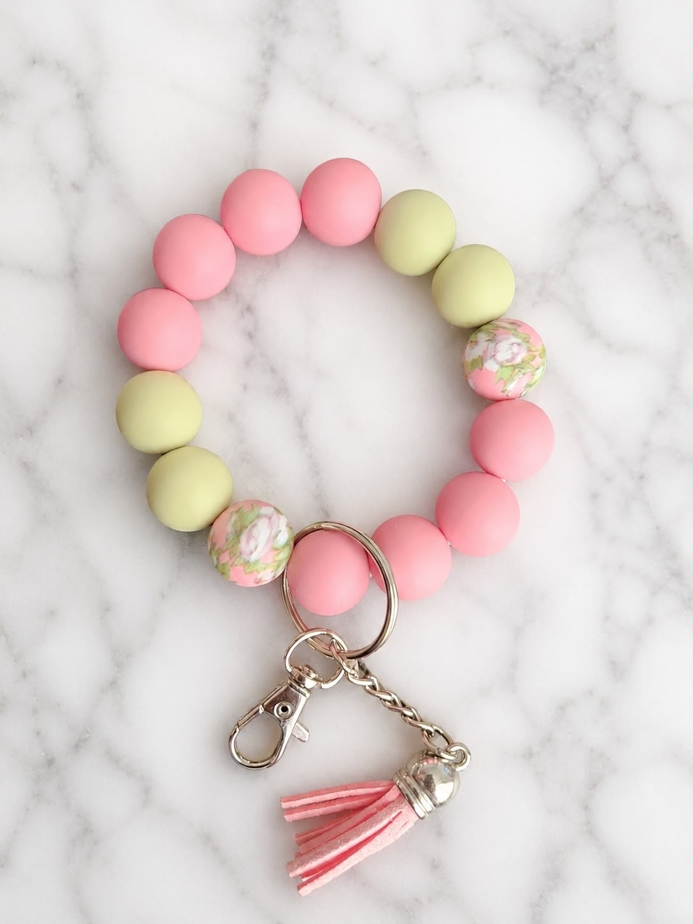 Kids Pink & Light Green Beaded Key Bracelet with Tassel